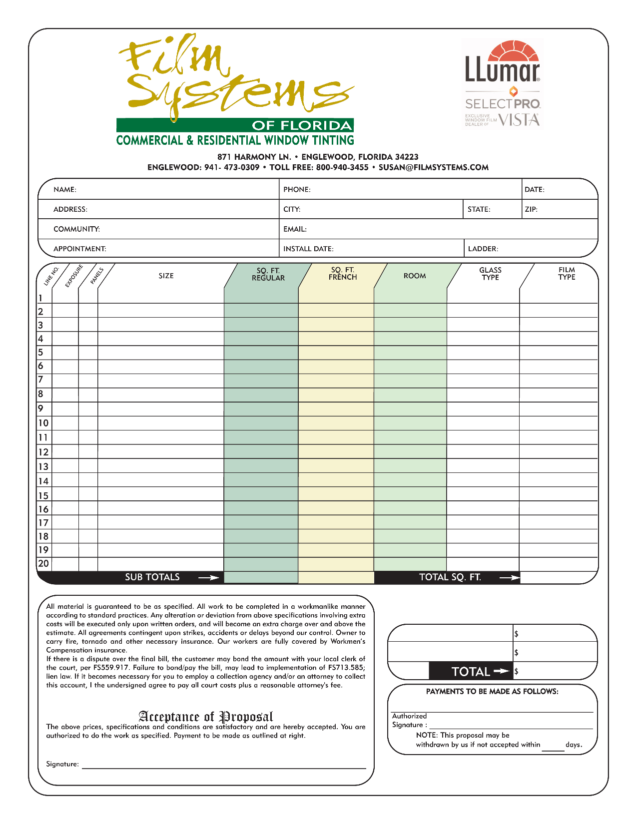film systems estimate form